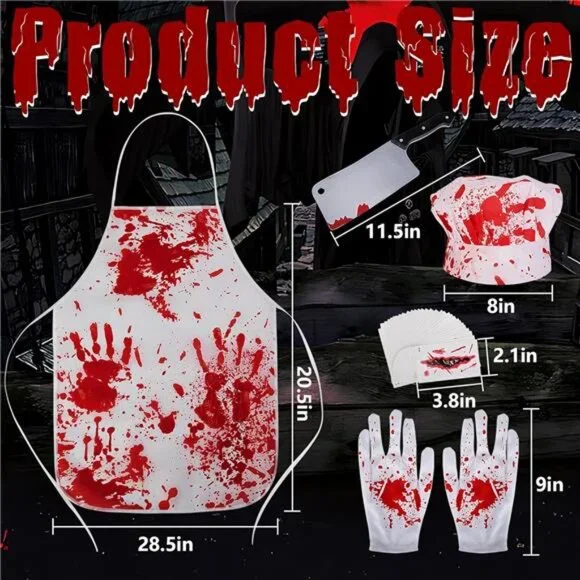 Halloween Butcher Costume Set- Cooking Chef Apron Gloves Prop Knife Tattoo - Picture 2 of 7